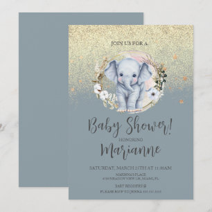 Elephant Baby Shower Faux Gold Glitter Dusty Blue Invitation