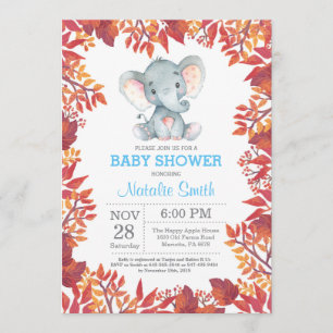 Elephant Baby Shower Floral Fall Autumn Invitation