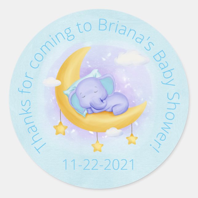 Elephant Baby Shower for a Boy in Blue Classic Round Sticker (Front)