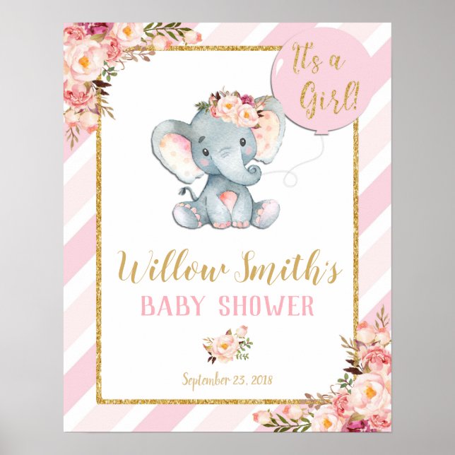 Elephant Baby Shower Girl Pink Welcome Poster Sign (Front)