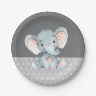 Elephant Baby Shower Grey Paper Plate