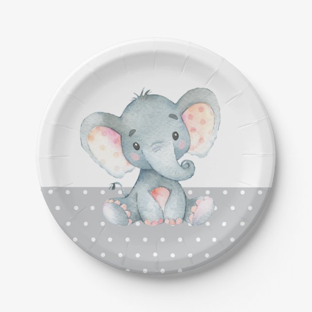 Elephant Baby Shower Grey Paper Plate (Front)