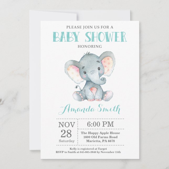 Elephant Baby Shower Invitation Aqua and Grey (Front)