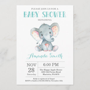 Elephant Baby Shower Invitation Aqua and Grey