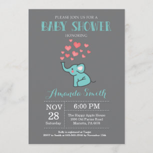 Elephant Baby Shower Invitation Aqua and Grey Boy