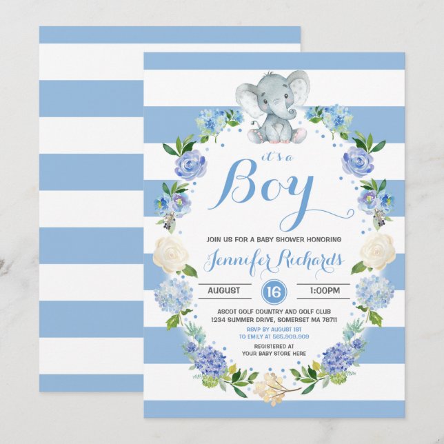 Elephant Baby shower Invitation Baby shower garçon (Devant / Derrière)