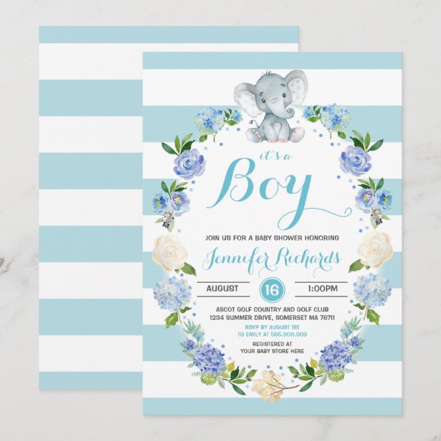 Elephant Baby shower Invitation Baby shower garçon (Devant / Derrière)