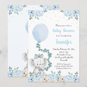 Elephant Baby Shower Invitation Balloons Blue Baby