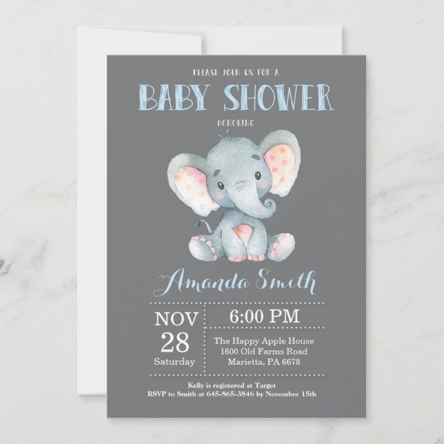 Elephant Baby Shower Invitation Blue and Grey (Front)