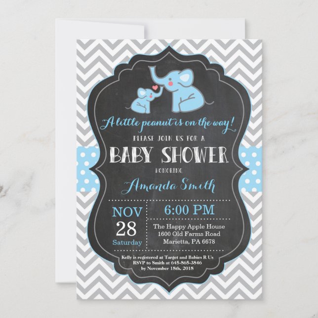 Elephant Baby Shower Invitation Blue and Grey (Front)