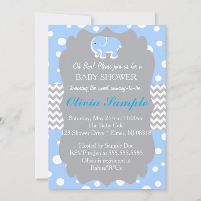 Elephant Baby Shower Invitation, Blue and Grey Invitation (Front)