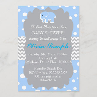 Elephant Baby Shower Invitation, Blue and Grey Invitation