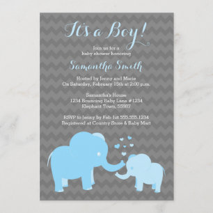 Elephant Baby Shower Invitation Blue Grey Chevron