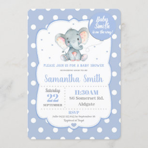 Elephant Baby Shower Invitation Blue Polka Dot Boy