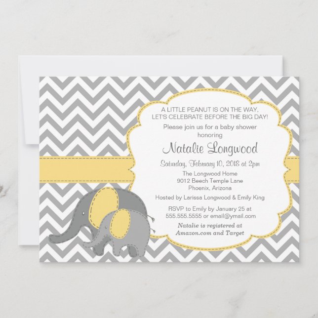 Elephant Baby Shower Invitation, Chevron, yellow Invitation (Front)