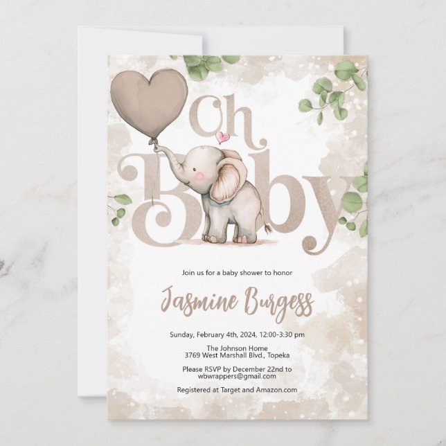 Elephant Baby Shower Invitation - Earthtones (Front)