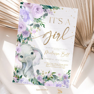 Elephant Baby shower Invitation fille, Safari Purp