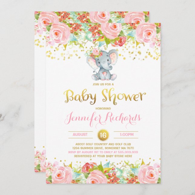 Elephant Baby Shower Invitation Floral Boho Shower (Front/Back)
