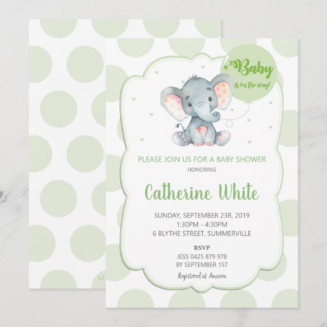 Elephant Baby Shower Invitation Gender Neutral (Front/Back)