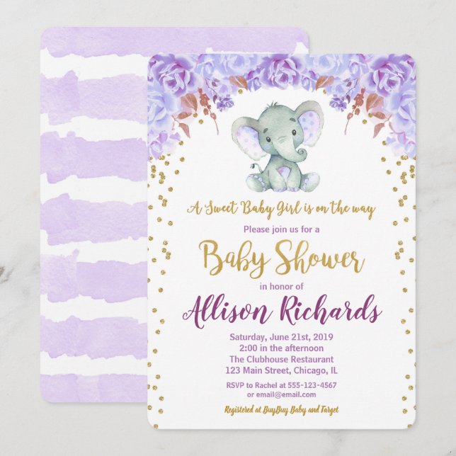 Elephant baby shower invitation girl purple gold (Front/Back)