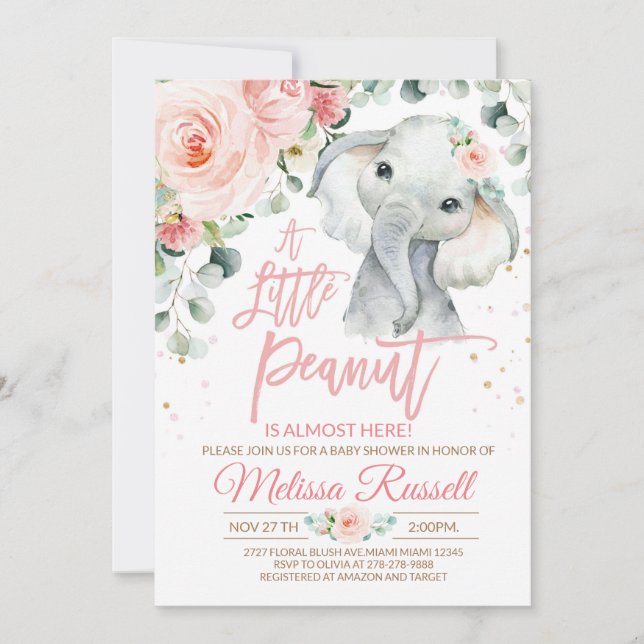 Elephant Baby Shower Invitation Girl, Safari Pink  (Front)