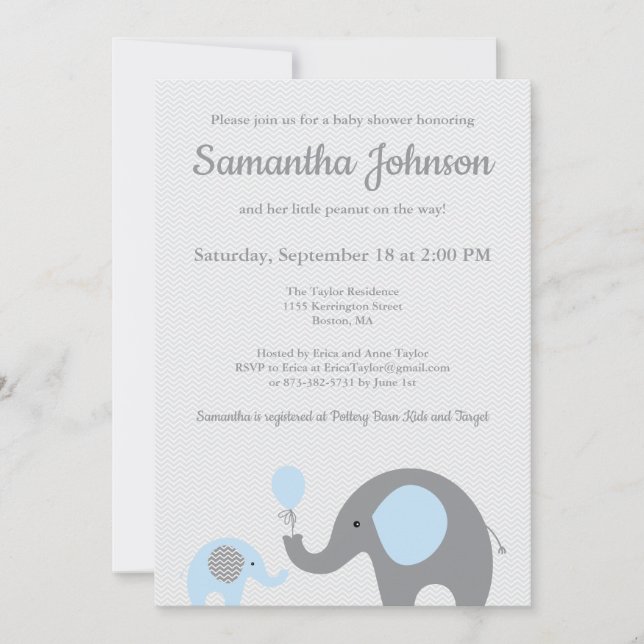 Elephant Baby Shower Invitation in Blue and Grey (Front)