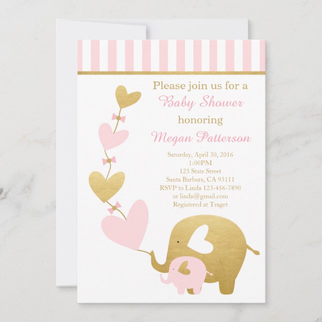 Elephant Baby Shower Invitation in Pink and Gold (Front)