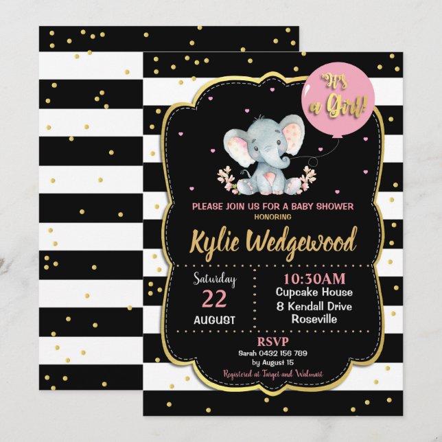 Elephant Baby Shower Invitation It's a Girl (Front/Back)