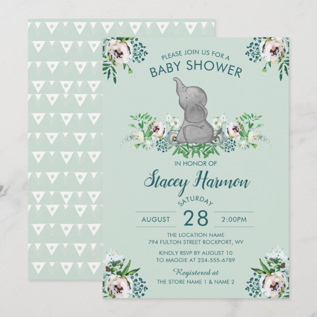 Elephant Baby Shower Invitation Mint Green Floral (Front/Back)