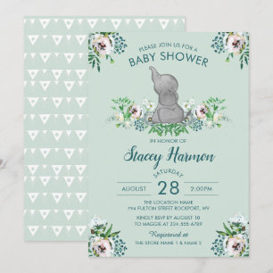 Elephant Baby Shower Invitation Mint Green Floral