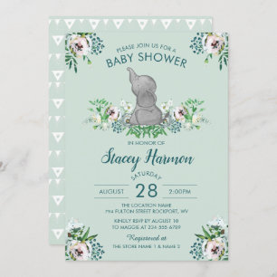 Elephant Baby shower Invitation Mint Vert Floral