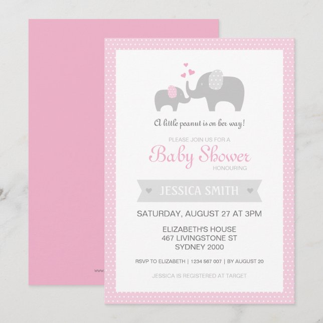 Elephant Baby Shower Invitation - Pink (Front/Back)