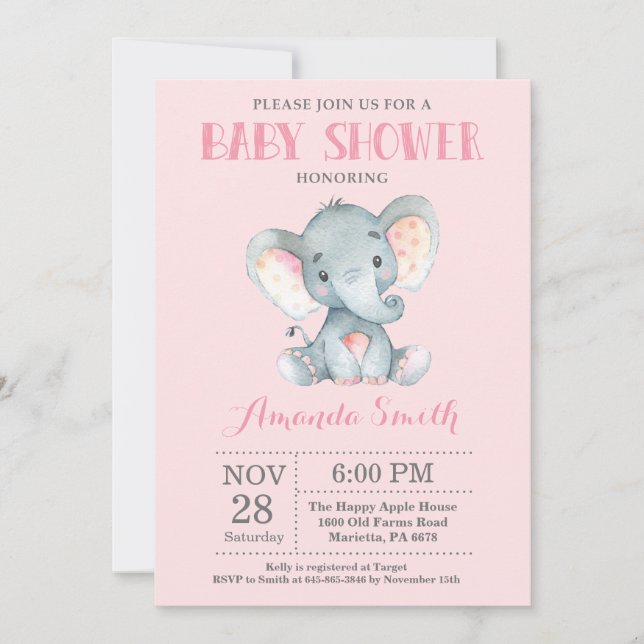 Elephant Baby Shower Invitation Pink and Grey (Front)