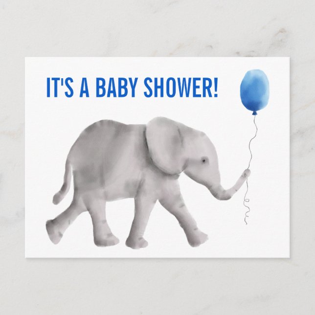 Elephant Baby Shower Invitation Postcard, Blue (Front)