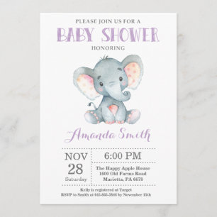 Elephant Baby Shower Invitation Purple and Grey