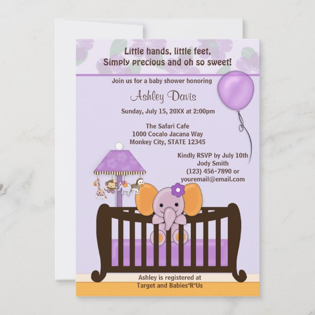 ÉLÉPHANT Baby shower Invitation PURPLE CJ-E (Devant)