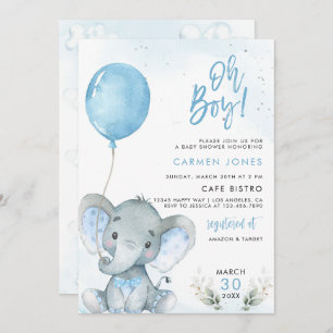 Elephant Baby Shower Invitation with Blue Balloon