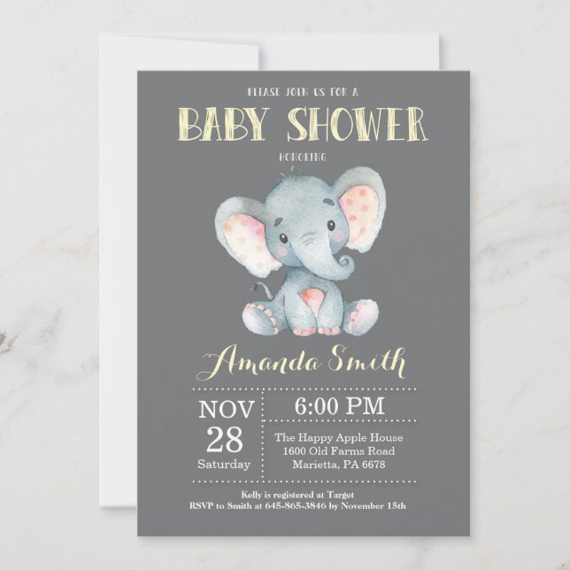 Elephant Baby Shower Invitation Yellow and Grey (Front)