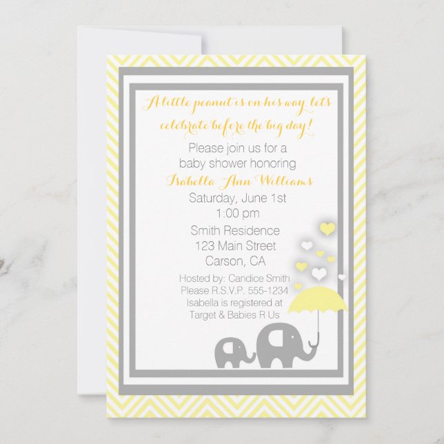 Elephant Baby Shower Invitation- Yellow and Grey Invitation (Front)