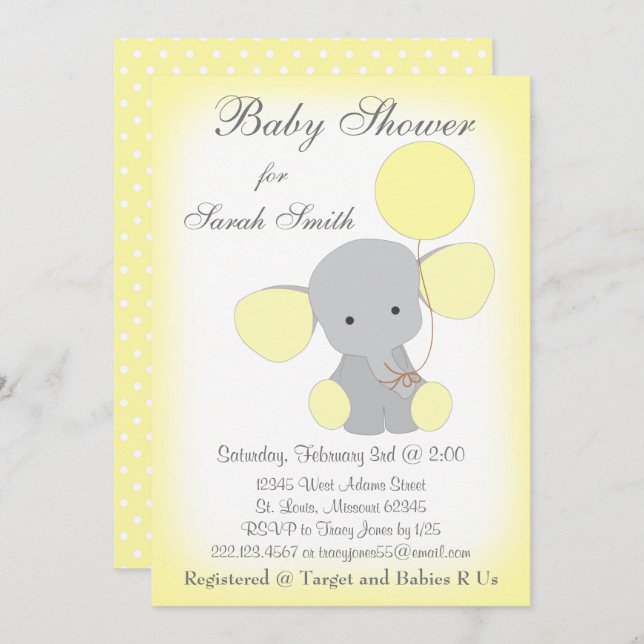 Elephant Baby Shower Invitation Yellow Grey (Front/Back)