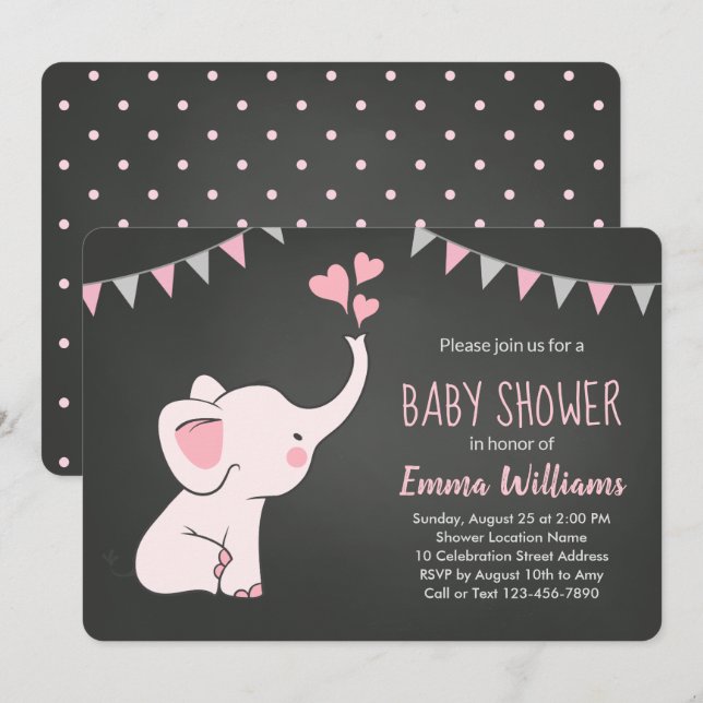 Elephant Baby Shower Invitations for Girl | Pink (Front/Back)