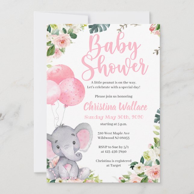 Elephant Baby Shower Invitations for Girls (Front)