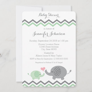 Elephant Baby Shower Invite | Green Grey Chevron