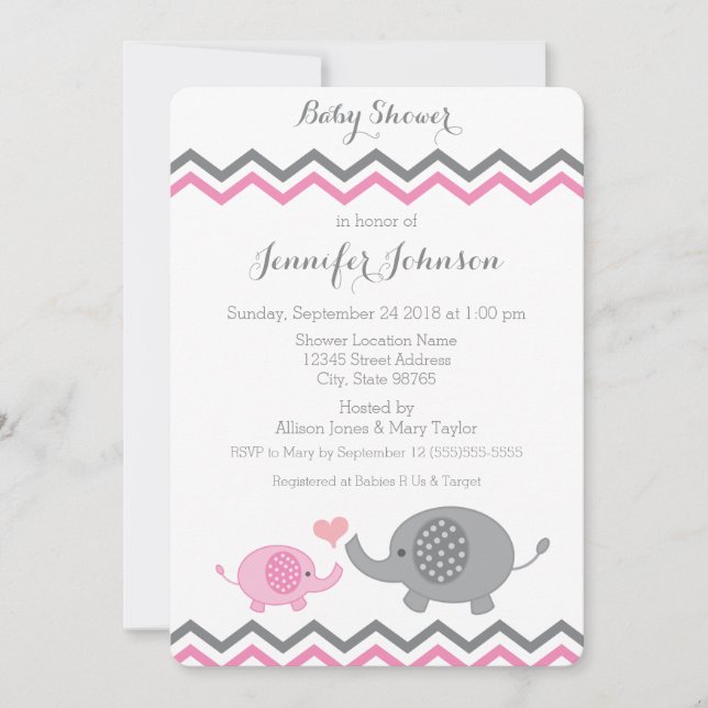 Elephant Baby Shower Invite | Pink Grey Chevron (Front)