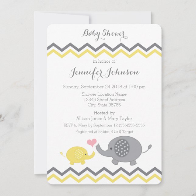 Elephant Baby Shower Invite | Yellow Grey Chevron (Front)