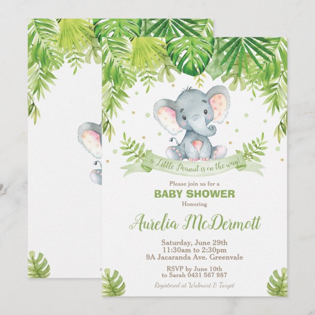 Elephant Baby Shower Jungle Animals Baby Boy Green Invitation (Front/Back)