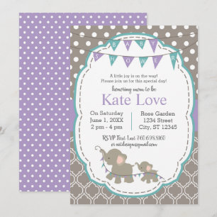 Elephant Baby Shower Lavender Teal  Invitation