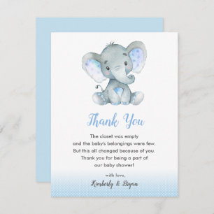 Elephant Baby shower Merci Cartes Garçons Bleu