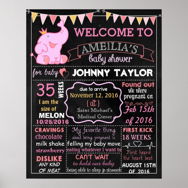 Elephant Baby Shower Party chalkboard sign Girl (Front)