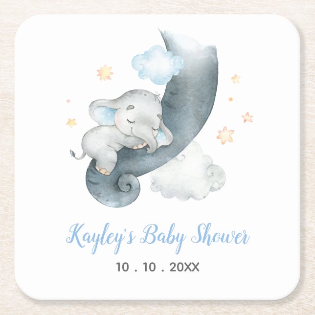 Elephant Baby Shower Personalised (Elephant Cloud) Square Paper Coaster (Front)